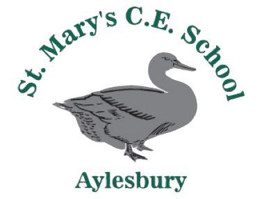 Logo for St. Mary's C.E. School, Aylesbury featuring a stylised grey duck in the centre, with green text reading 'St. Mary's C.E. School' above and 'Aylesbury' below.